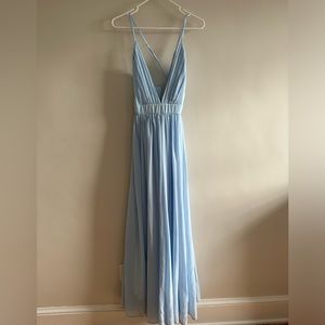 Light Blue Deep V Neck Bridesmaid Dress